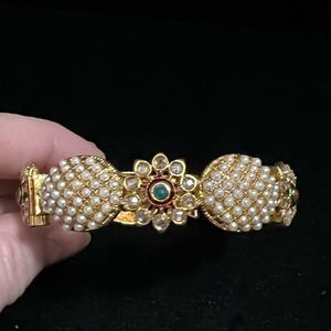 Polki Bracelet Gold tone with Red Green & Clear Stones & Small Pearls. Beautiful